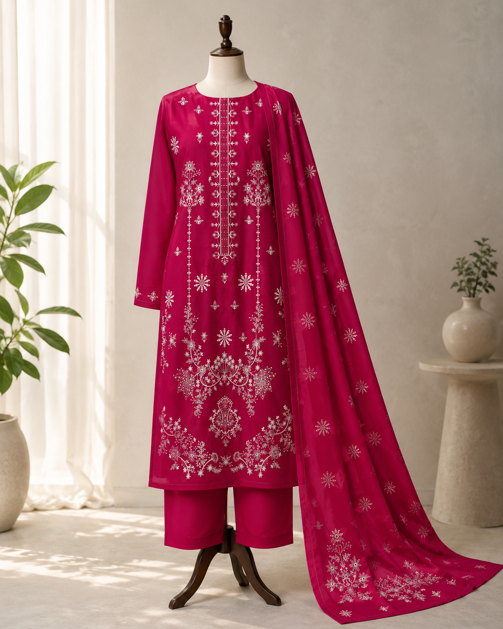 Salaqh Embroidered 3 Piece Lawn Suit with Dupatta and Shalwar.
